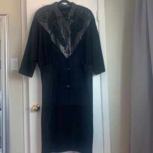 Vintage Black Suede and Leather Full Length Coat Leather Ribbon Detail